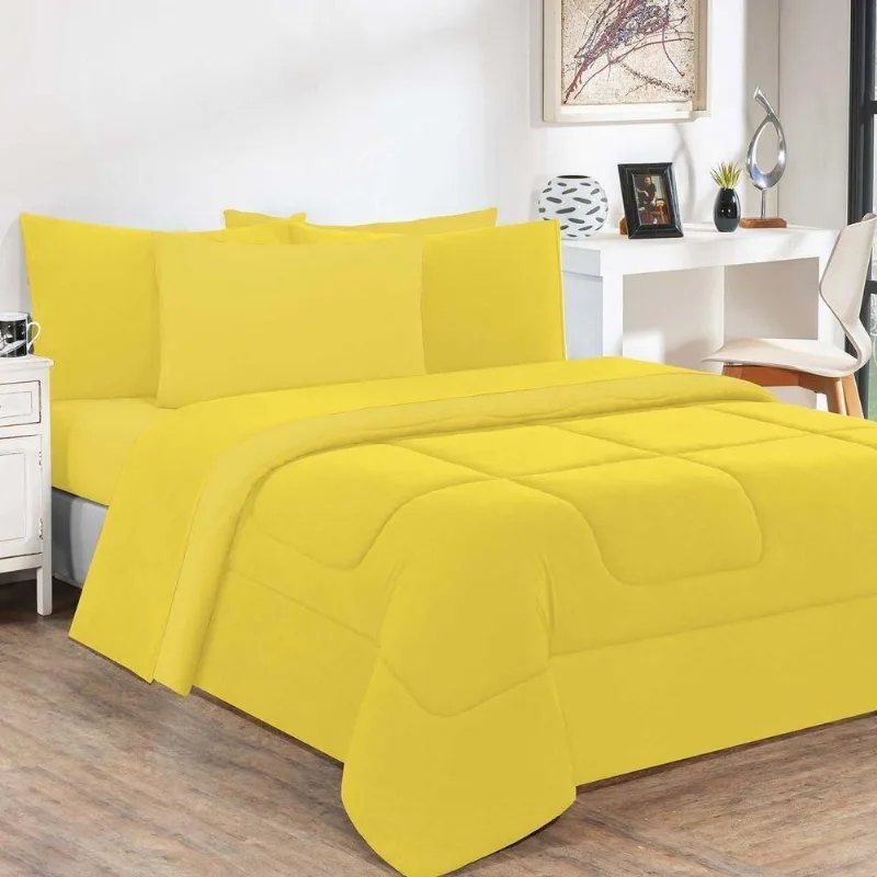Kit Edredom + Jogo De Lençol 100% Algodão Gran Moratta 7 Peças Queen Amarelo-amarelo