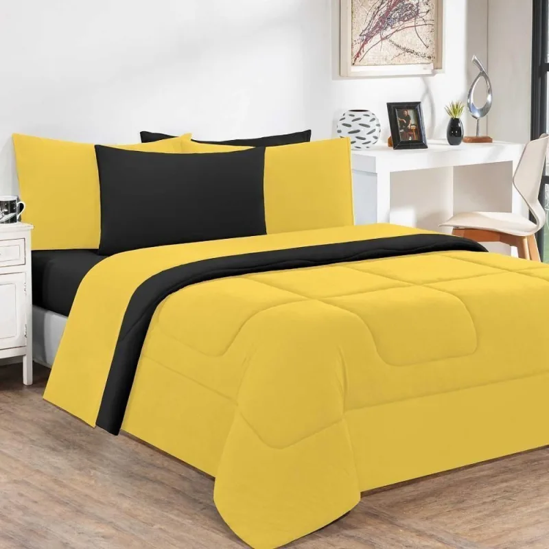 Kit Edredom + Jogo De Lençol Malha 100% Algodão Gran Moratta 7 Peças Queen - Amarelo-preto - Qualidade Impecável! - Enxovais Davy - Cama, Mesa E Banho