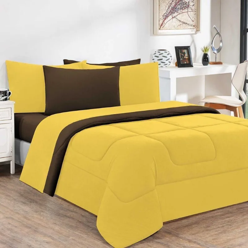 Kit Edredom + Jogo De Lençol 100% Algodão Gran Moratta 7 Peças Queen Amarelo-marrom