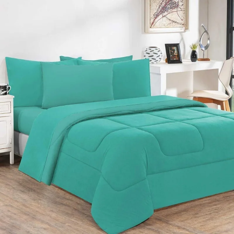 Kit Edredom + Jogo De Lençol 100% Algodão Gran Moratta 7 Peças Queen Verde Jade-verde Jade