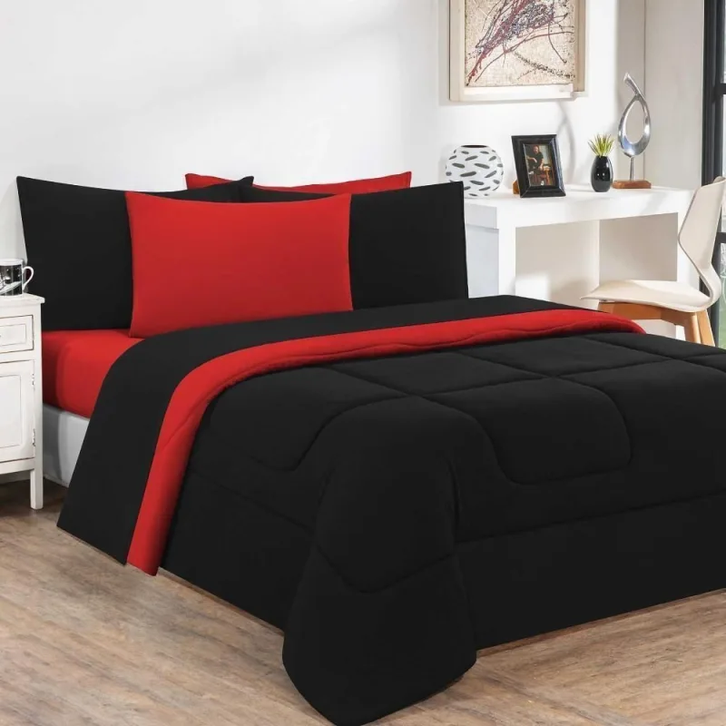 Kit Edredom + Jogo De Lençol Malha 100% Algodão Gran Moratta 7 Peças Queen - Preto-vermelho - Seleção de Alta Qualidade - Enxovais Davy - Cama, Mesa E Banho
