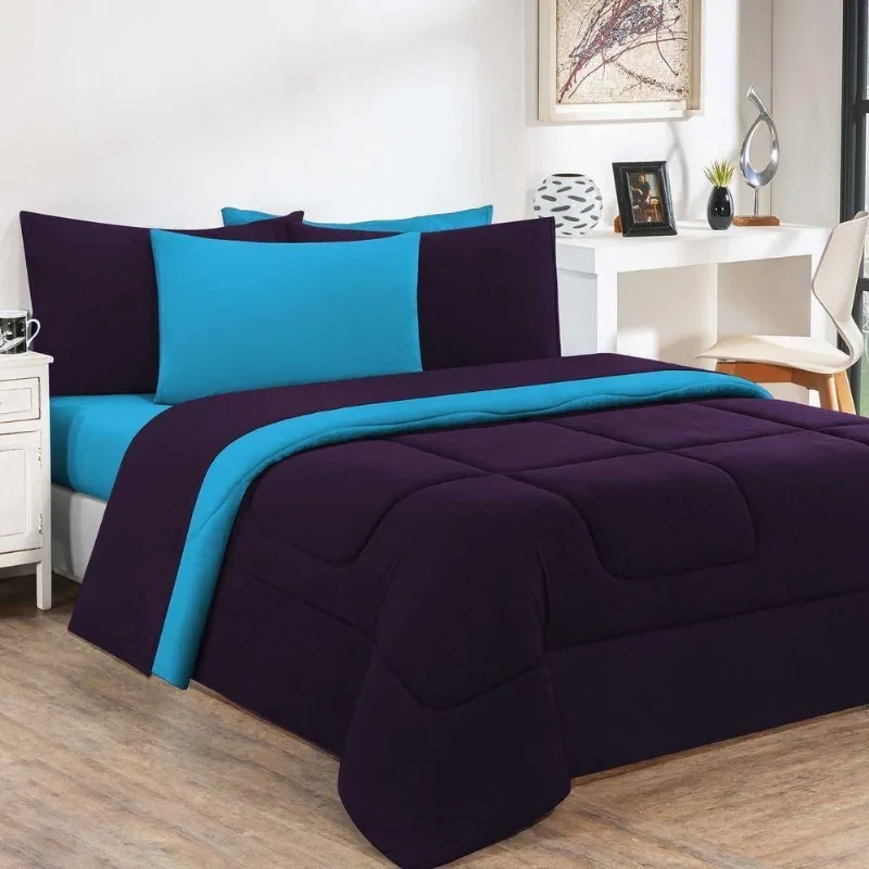 Kit Edredom + Jogo De Lençol 100% Algodão Gran Moratta 7 Peças Queen Roxo azul Turquesa