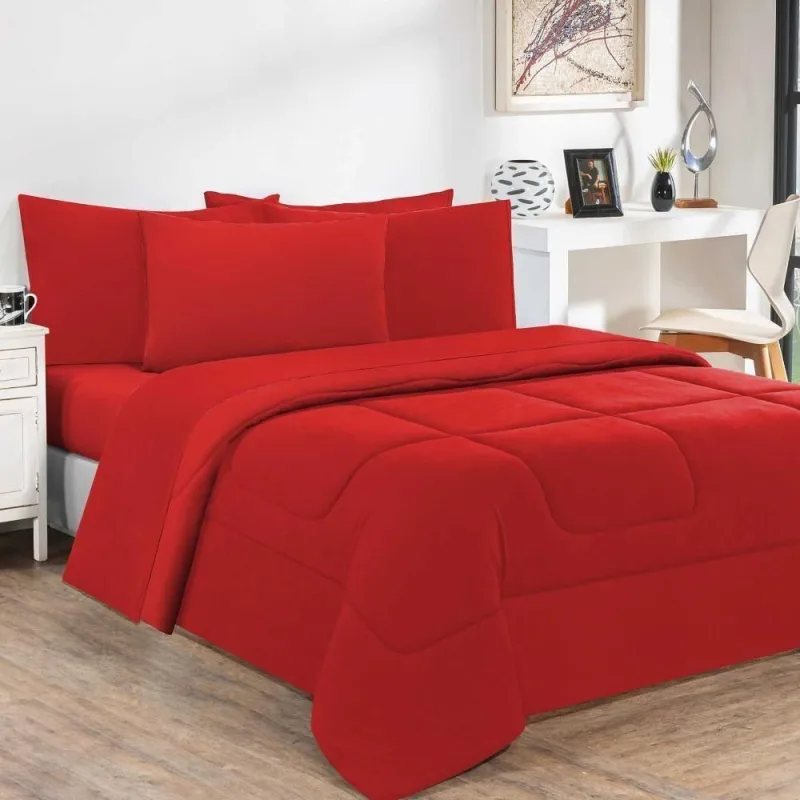 Kit Edredom + Jogo De Lençol Malha 100% Algodão Gran Moratta 7 Peças Queen - Vermelho-vermelho - Acabamento de Alta Qualidade - Enxovais Davy - Cama, Mesa E Banho