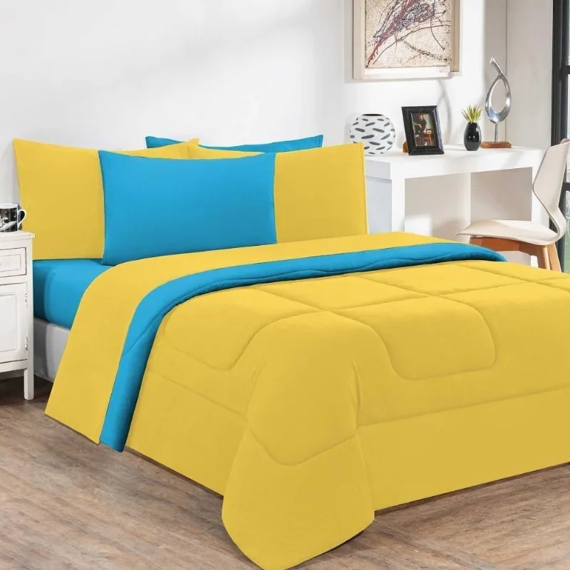Kit Edredom + Jogo De Lençol Malha 100% Algodão Gran Moratta 7 Peças King - Amarelo-azul Turquesa - Enxovais Davy