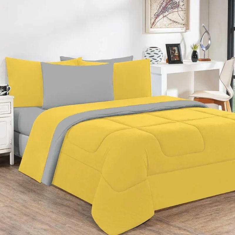 Kit Edredom + Jogo De Lençol 100% Algodão Gran Moratta 7 Peças King Amarelo-cinza