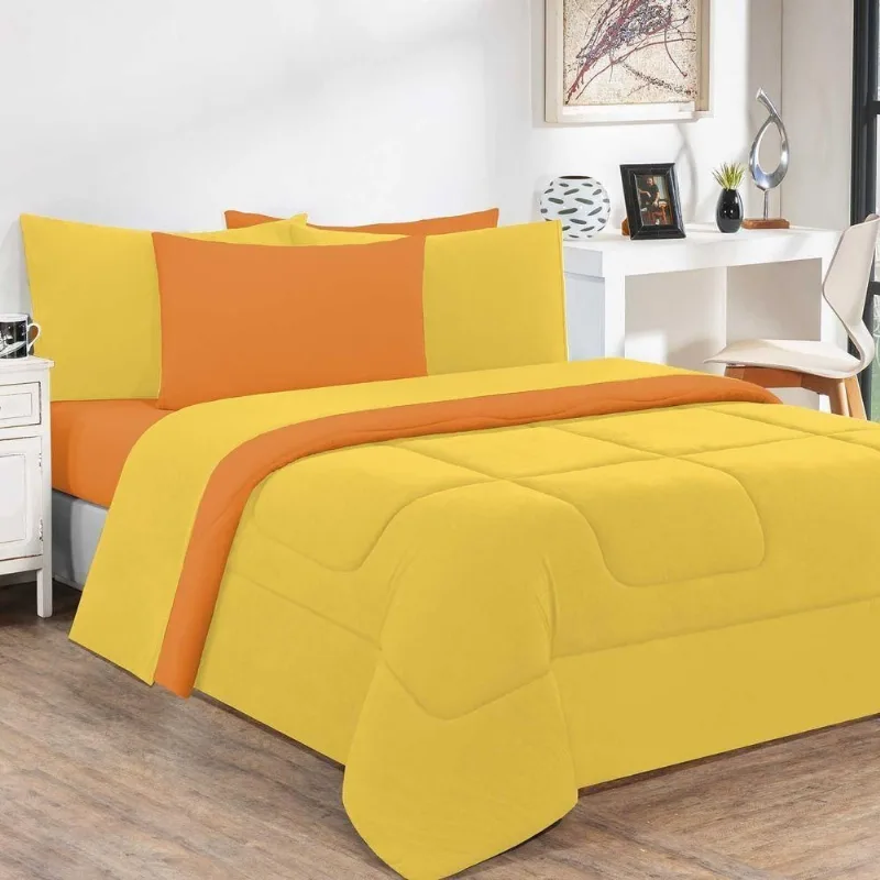 Kit Edredom + Jogo De Lençol 100% Algodão Gran Moratta 7 Peças King Amarelo-laranja