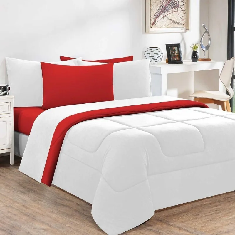 Kit Edredom + Jogo De Lençol Malha 100% Algodão Gran Moratta 7 Peças King - Branco-vermelho.