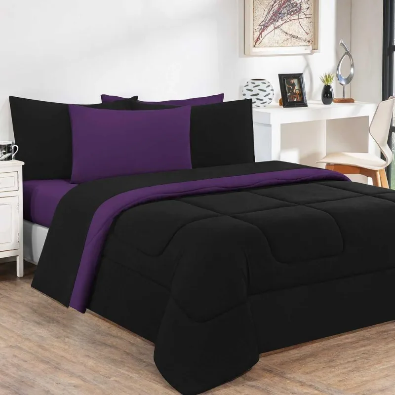 Kit Edredom + Jogo De Lençol 100% Algodão Gran Moratta 7 Peças King Preto-roxo