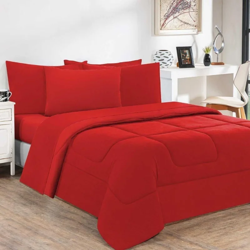 Kit Edredom + Jogo De Lençol 100% Algodão Gran Moratta 7 Peças King Vermelho-vermelho - Enxovais Davy