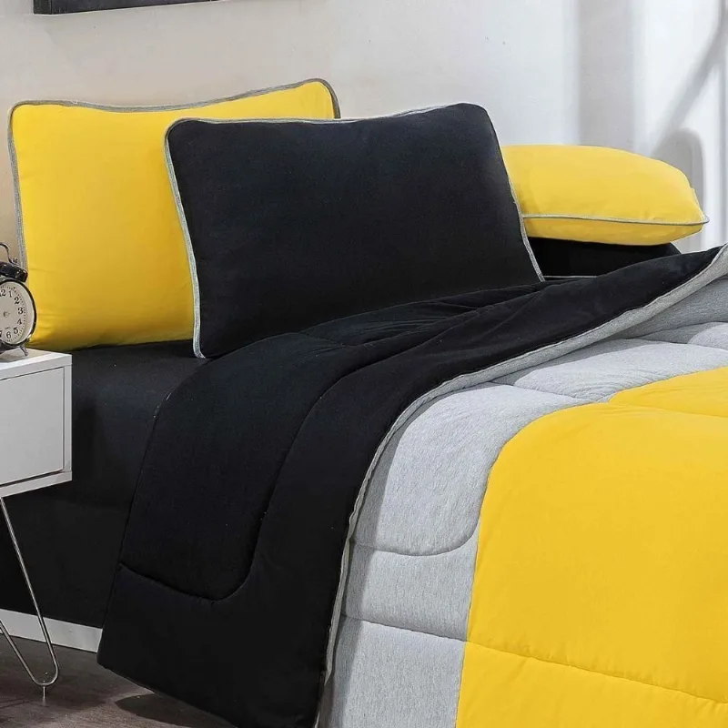Kit Edredom Malha 100% Algodão Urbano 3 Peças Casal - Amarelo-mescla-preto