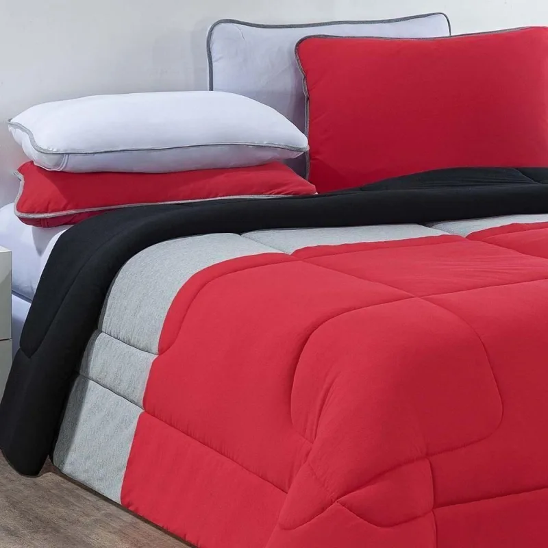 Kit Edredom Malha 100% Algodão Urbano 3 Peças Casal - Vermelho-mescla-preto - Qualidade Superior - Enxovais Davy - Agro