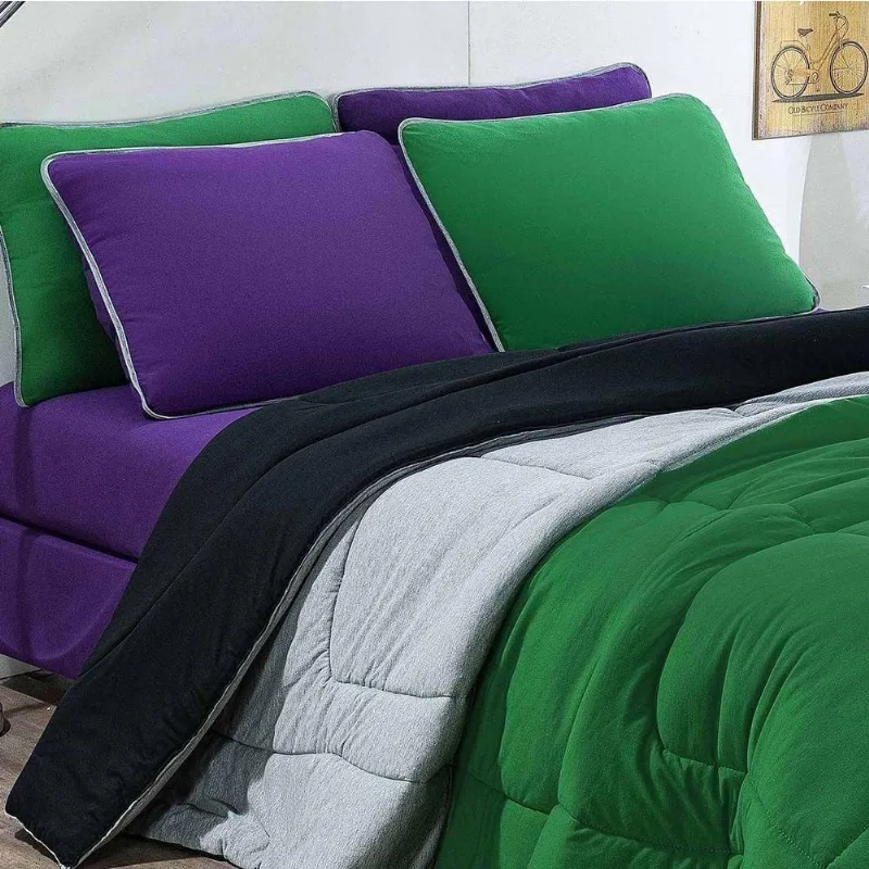 Kit Edredom Malha 100% Algodão Urbano 3 Peças Queen - Verde Bandeira-mescla-preto