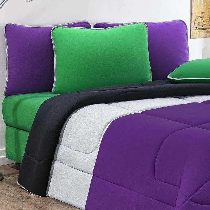 Kit Edredom Malha 100% Algodão Urbano 3 Peças Queen - Roxo-mescla-preto - Enxovais Davy