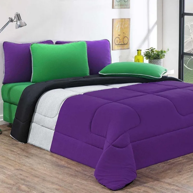 Kit Edredom Malha 100% Algodão Urbano 3 Peças King - Roxo-mescla-preto