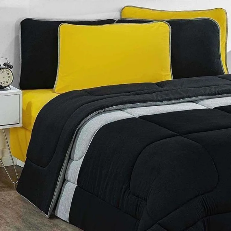 Kit Edredom Malha 100% Algodão Urbano 3 Peças King - Preto-mescla-preto