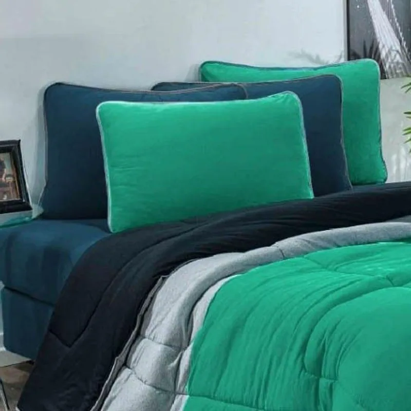 Kit Edredom Malha 100% Algodão Urbano 3 Peças King - Verde Jade-mescla-preto