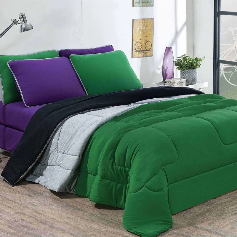 Kit Edredom + Jogo De Lençol 100% Algodão Urbano 6 Peças King Verde Bandeira-mescla-roxo