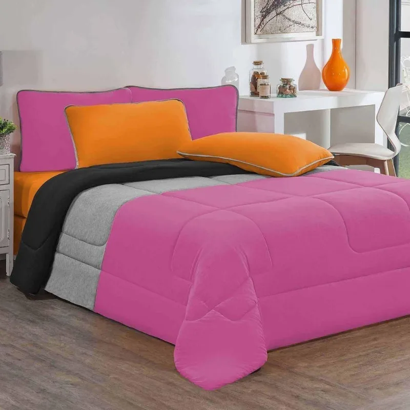 Kit Edredom + Jogo De Lençol 100% Algodão Urbano 5 Peças Solteiro Pink-mescla-laranja