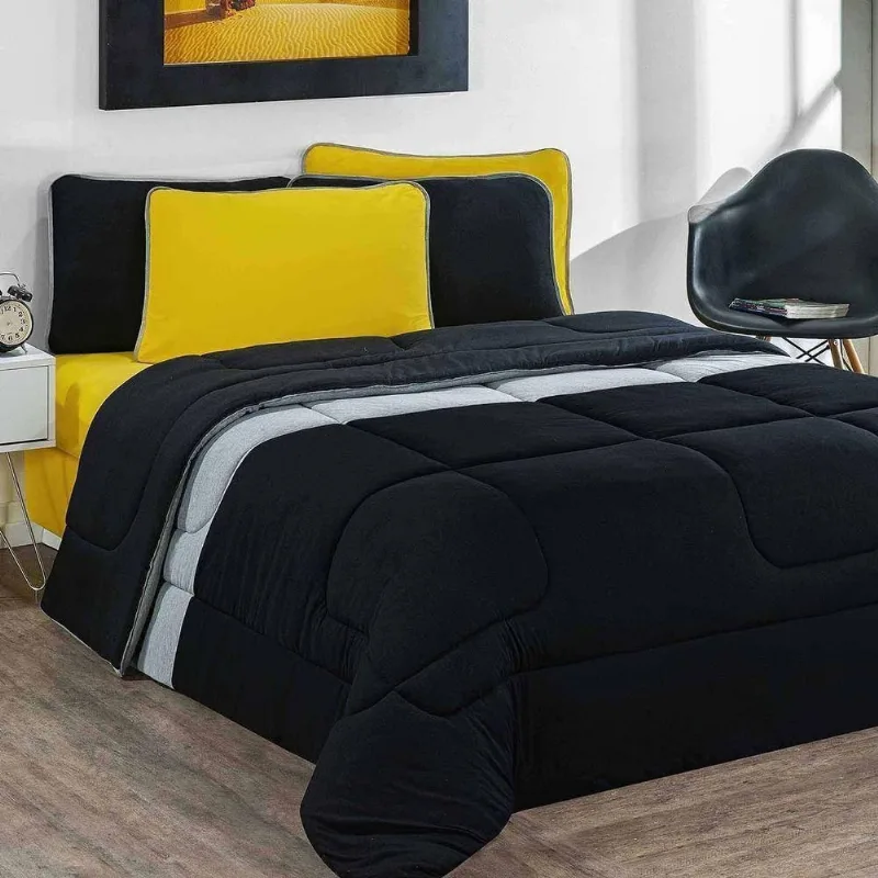 Kit Edredom + Jogo De Lençol 100% Algodão Urbano 7 Peças Queen Preto-mescla-amarelo
