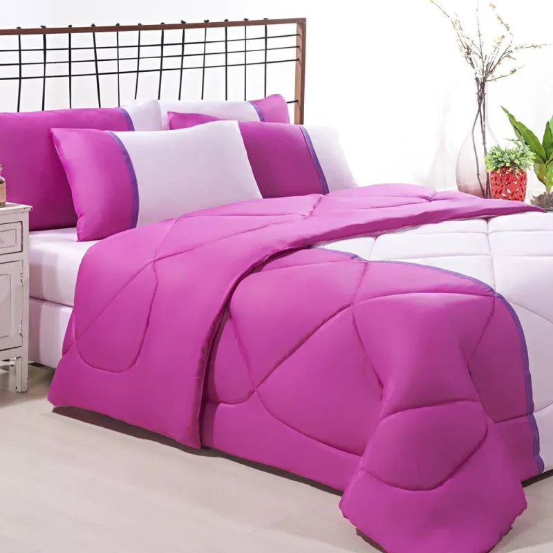 Enxoval Edredom + Jogo De Cama Queen Aconchego Premium 06 Peças - Pink/ Rosa Bebe - Enxovais Davy - Cama, Mesa E Banho