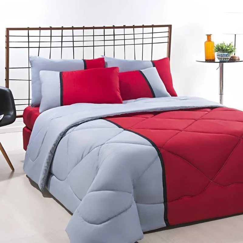 Enxoval Edredom + Jogo De Cama King Aconchego Premium 06 Peças - Vermelho- Cinza