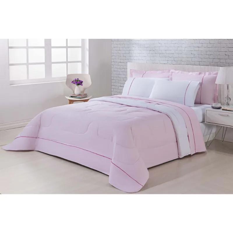 Kit Edredom 100% Algodão Percal 150 Fios Dupla Face Casal Gran Moratta 3 Peças - Rosa/Branco