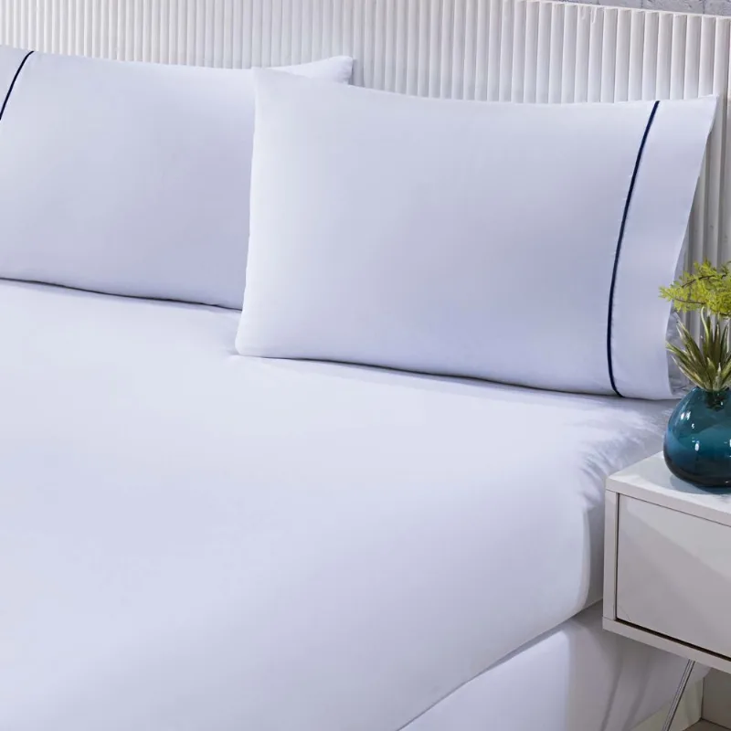 Jogo De Cama 100% Algodão Percal 150 Fios Solteiro Gran Moratta 2 Peças - Branco E Detalhe Azul - Enxovais Davy