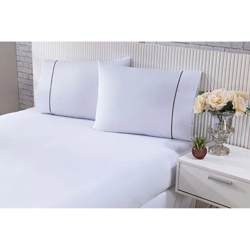 Jogo De Cama 100% Algodão Percal 150 Fios Solteiro Gran Moratta 2 Peças - Branco E Detalhe Palha - Enxovais Davy