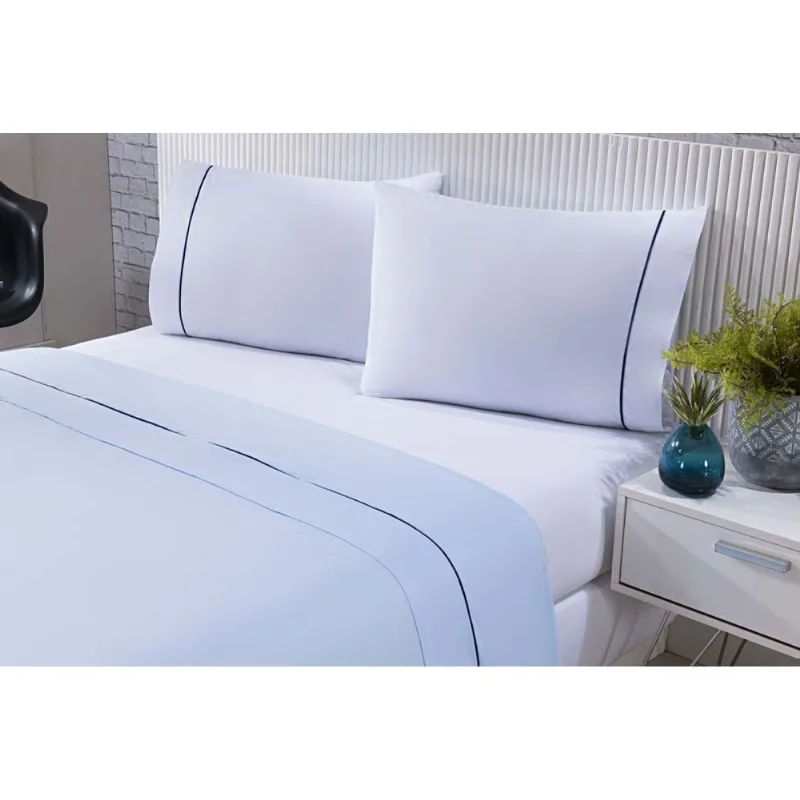 Jogo De Cama 100% Algodão Percal 150 Fios Solteiro Gran Moratta 3 Peças - Branco E Azul - Enxovais Davy