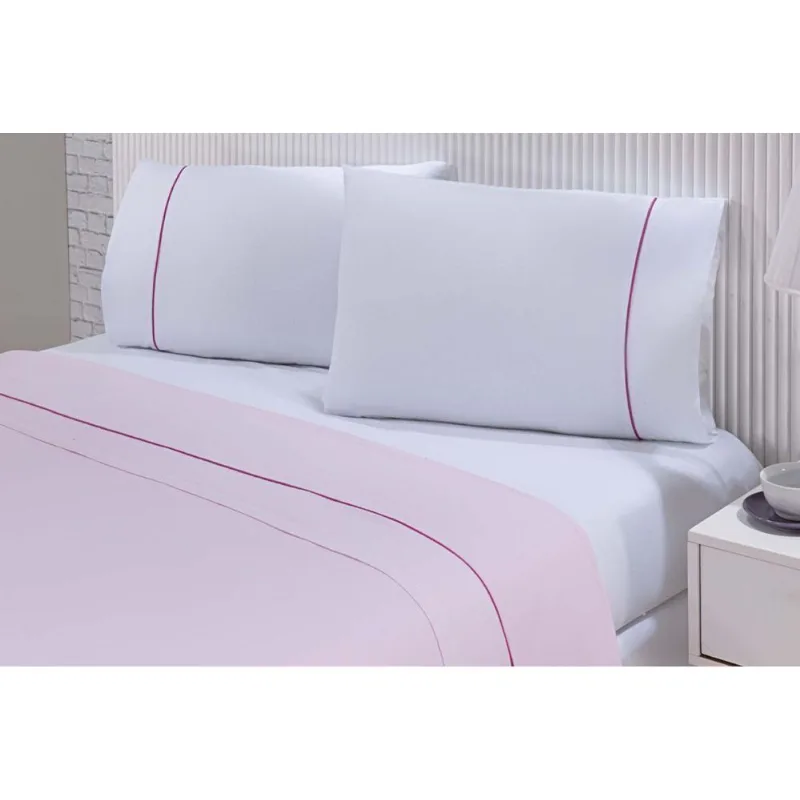 Jogo De Cama 100% Algodão Percal 150 Fios Solteiro Gran Moratta 3 Peças - Branco E Rosa - Enxovais Davy
