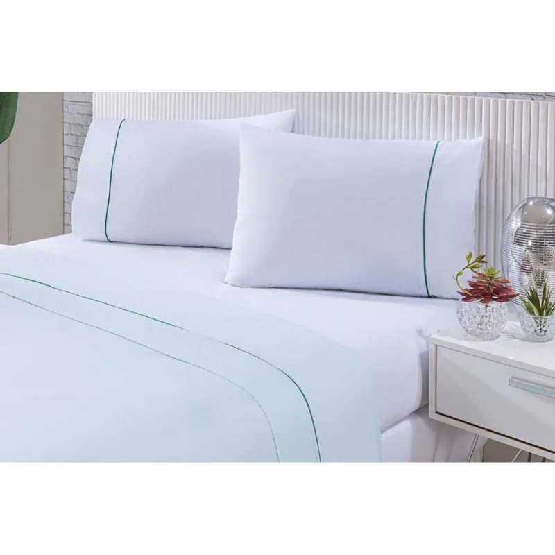 Jogo De Cama 100% Algodão Percal 150 Fios Solteiro Gran Moratta 3 Peças - Branco E Verde - Enxovais Davy