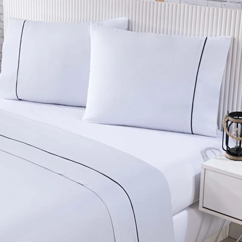 Jogo De Cama Lençol 100% Algodão Percal 150 Fios Casal Gran Moratta 4 Peças - Produto na cor Branco E Cinza - Enxovais Davy