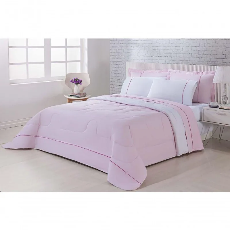 Kit Edredom 100% Algodão Percal 150 Fios Dupla Face Solteiro + Jogo De Cama 5 Peças - Rosa-branco