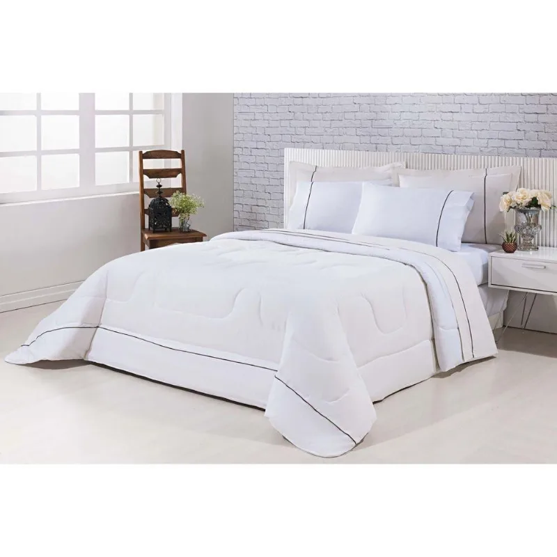 Kit Edredom 100% Algodão Percal 150 Fios Dupla Face QueenJogo De Cama 7 Peças - Palha-branco