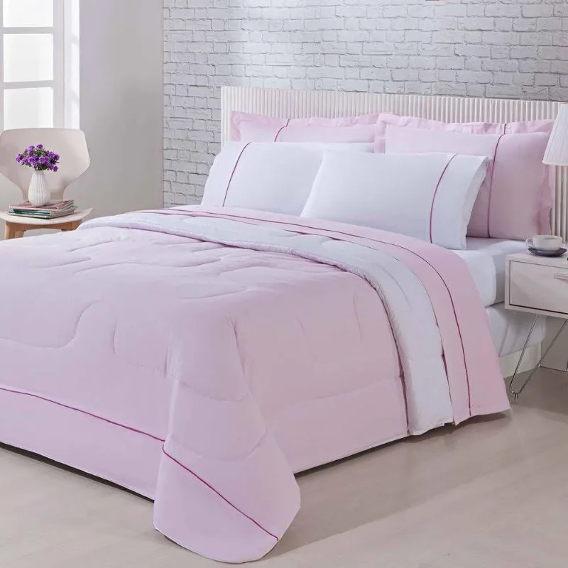 Kit Edredom 100% Algodão Percal 150 Fios Dupla Face King + Jogo De Cama 7 Peças - Branco- Rosa - Enxovais Davy