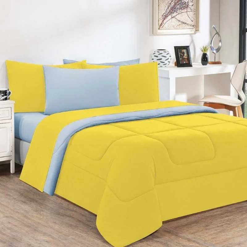 Kit Edredom + Jogo De Lençol Malha 100% Algodão Gran Moratta 6 Peças Queen - Amarelo-azul Bebê - Enxovais Davy