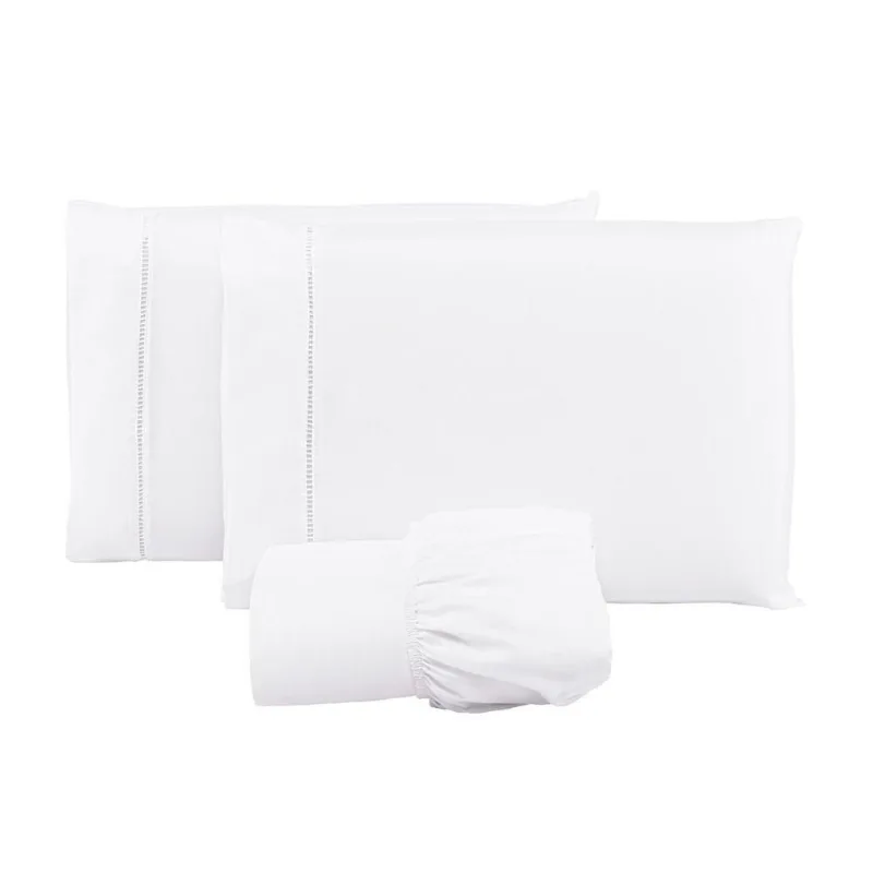 Jogo Lençol 400 Fios Ponto Palito Cama King 3pçs Poliéster - Branco - Enxovais Davy
