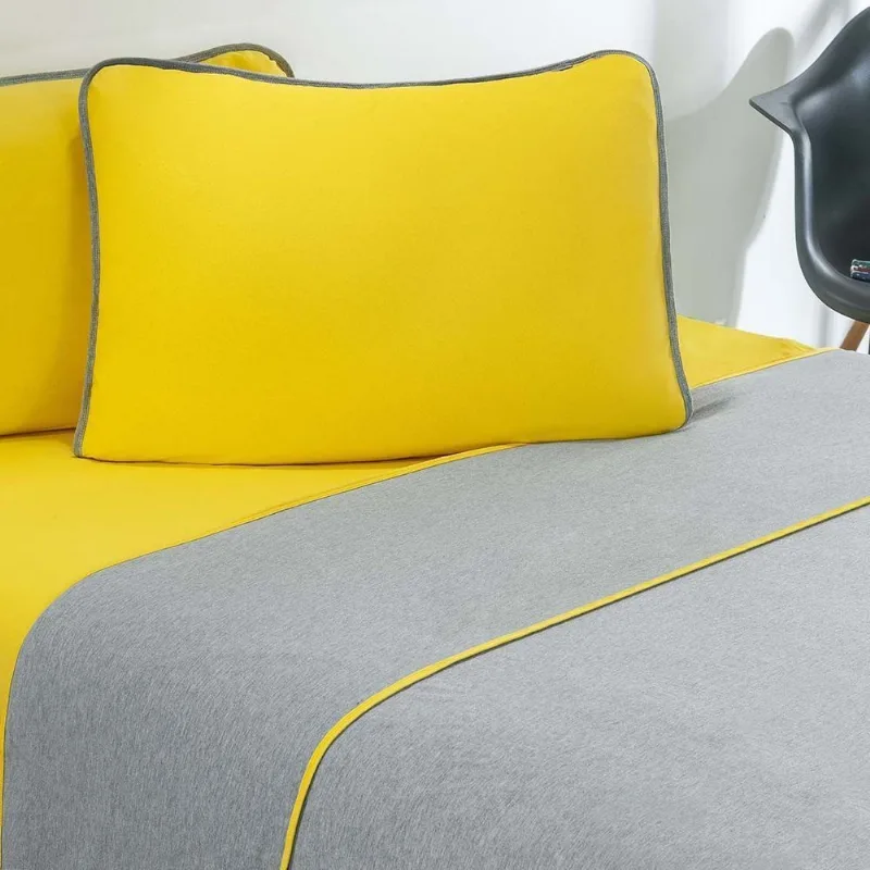 Jogo De Cama Malha Lençol 100% Algodão Urbano 4 Peças Casal - Amarelo/Mescla - Enxovais Davy