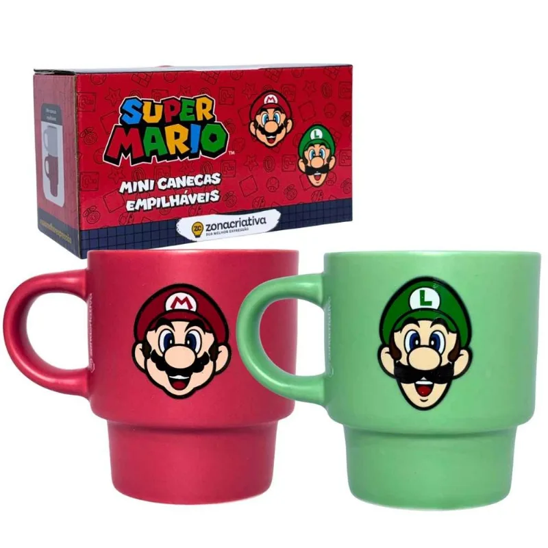 Kit 2 Canecas Empilháveis Super Mario Bros Original, Zona Criativa, Xícaras 150mL Cerâmica