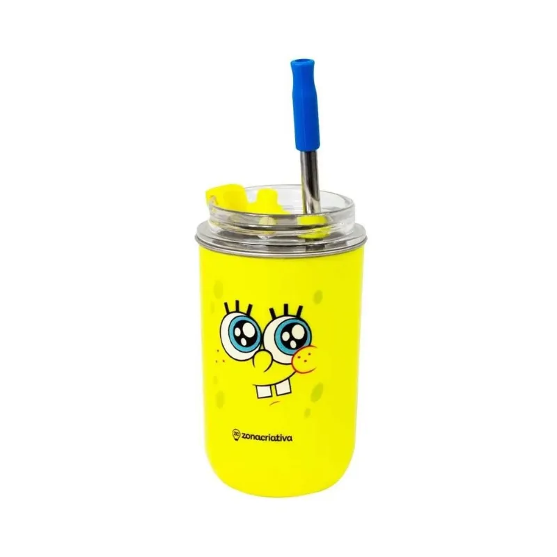Copo Neo Zonacriativa Com Canudo Bob Esponja 300ml Inox 3315 (MP)