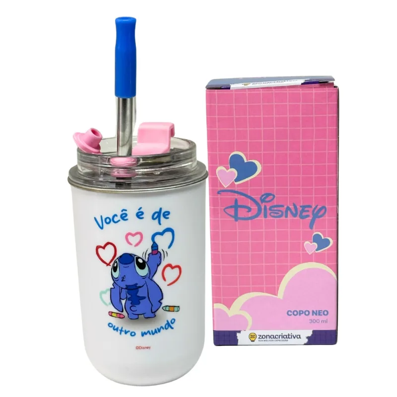 Copo Inox c/ Canudo e Tampa 300ML STITCH E ANGEL - ZC