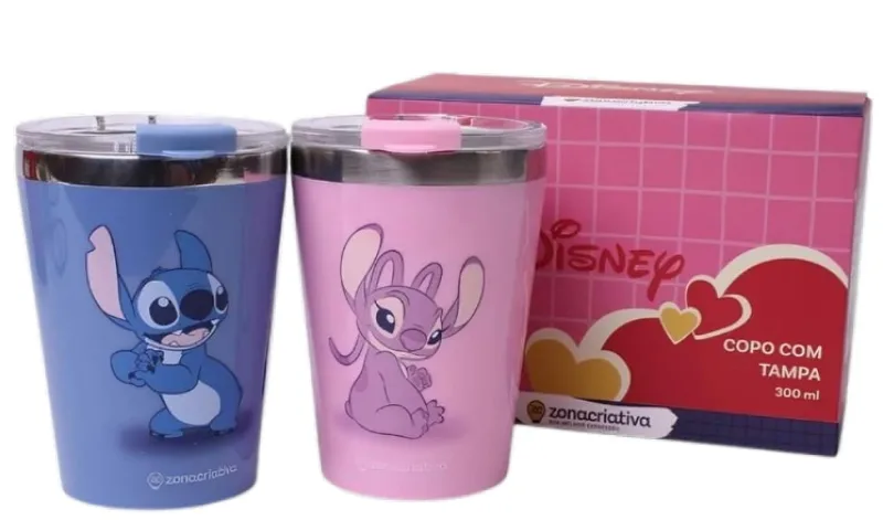 Kit Copo Viagem 300ml Snap Stitch E Angel Namorados - LC - Presentes