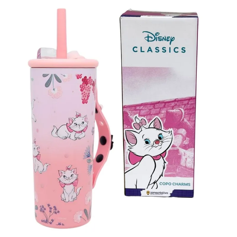 Copo Térmico Charms Tampa Alça 600ML GATINHA MARIE FLORES ZC