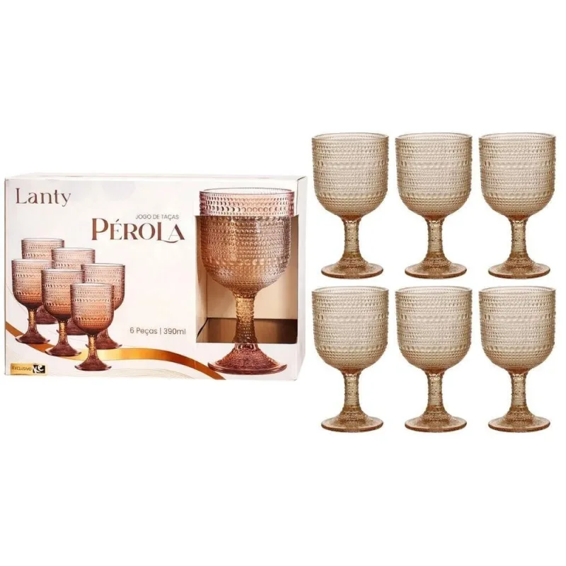 Jogo de Taças Pérola Ambar 6 Peças 390ml Textura em Pérolas Vidro Elegante para Bebidas Ke Home - Ke Home