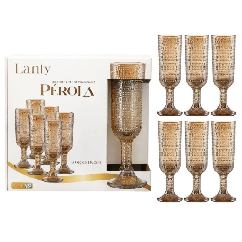 Jogo de Taças Champanhe Pérola 6 Peças Vidro Haste Relevo Mesa Posta Âmbar Ke Home 160ML - Ke Home