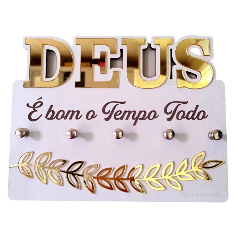 Porta Chaves Deus é Bom o tempo Todo Detalhe em Relevo Espelhado Dourado