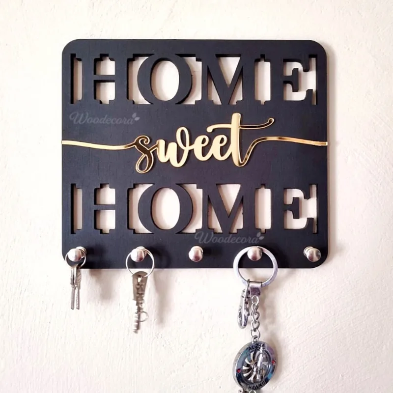 Porta Chaves Home Sweet Home Detalhe em Relevo Espelhado Dourado