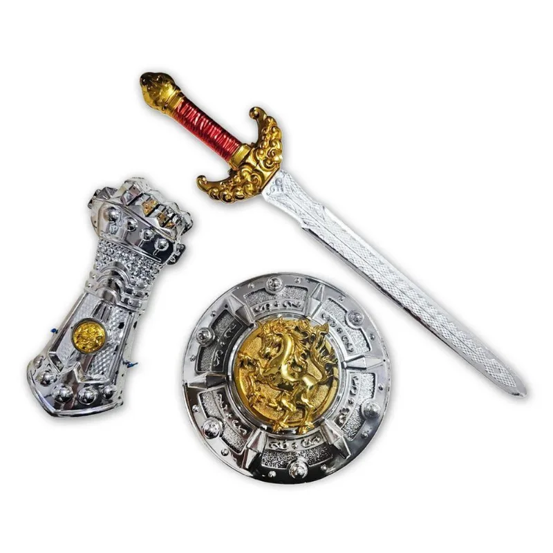 Kit Medieval Espada Manopla Combate Escudo Redondo Infantil Escudo Pegasus Prata
