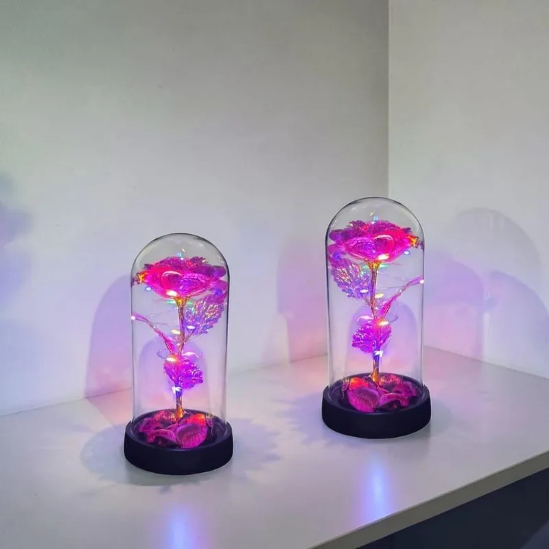 Kit 2 Luminárias em Redoma com Rosa Metalizada Led Multicolorido para Decoração Art House