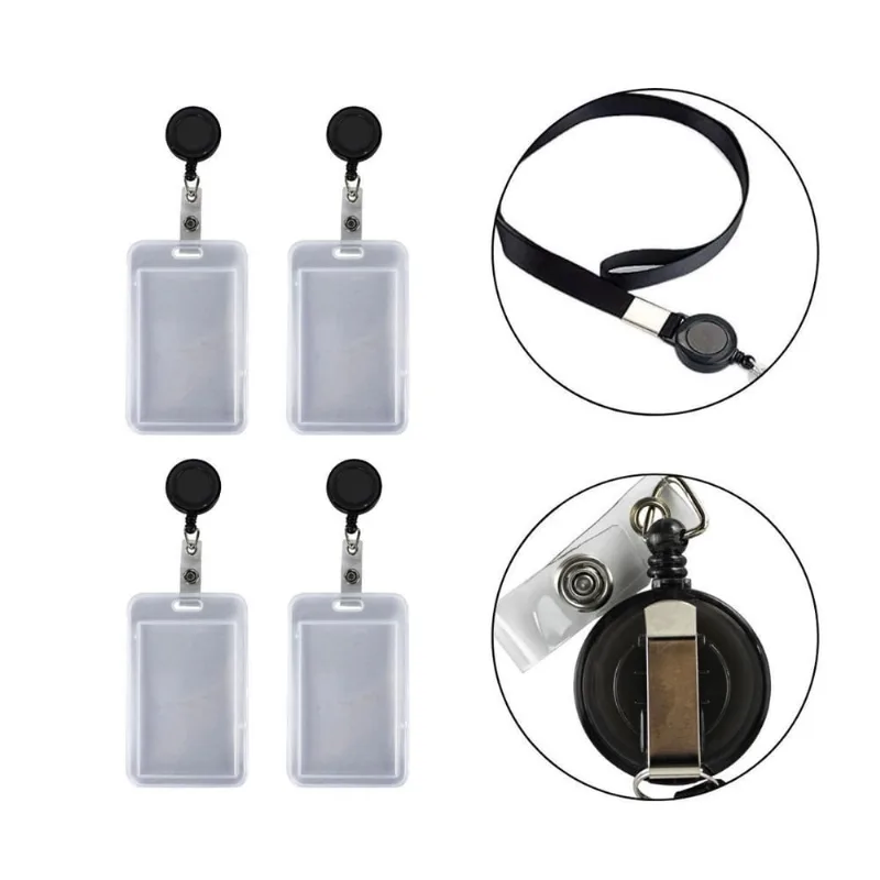 Kit 4 Porta Crachá Cordão Preto Com Roller Clip Retrátil